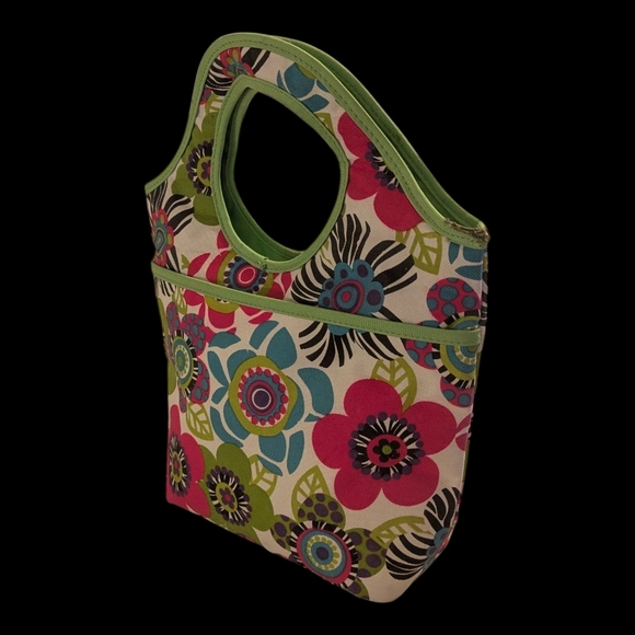 Floral Handled, Zip Top, Insulated W Pocket Lunch Medication Bag 13"Lx12"Wx4"D - Picture 3 of 12